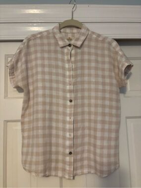 Marine Layer Beige and White Gingham Button-Down Shirt